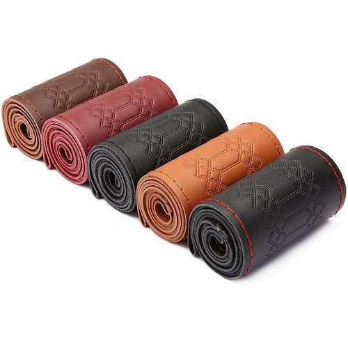 Cubierta universal de cuero genuino de 38 cm/15" hágalo usted mismo para volante de coche hilo rojo vino - Imagen 2 de 10