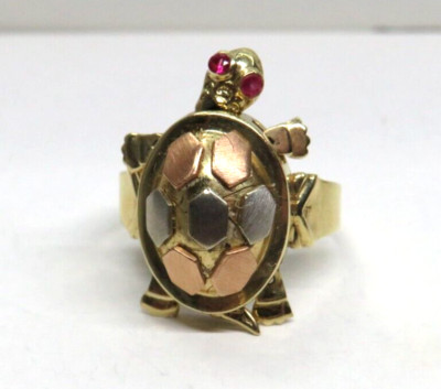Massiver 14K 3-farbiger Gold Schildkröte Ring mit beweglichen Beinen Kopf Schwanz Rubin Augen Schildkröte