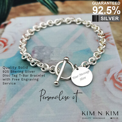 925 Silber Damen T-Bar Disc Tag Armband  Gratis Gravur Qualität Massiv