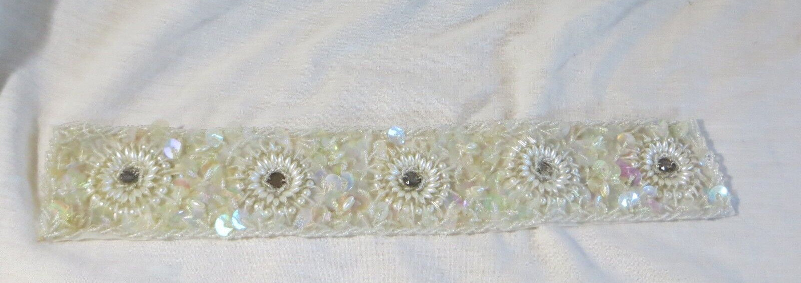 Vintage Roth Co. Embroidered Sequin Faux Pearl Bridal Trim Fabric 13.25 x 2.25"