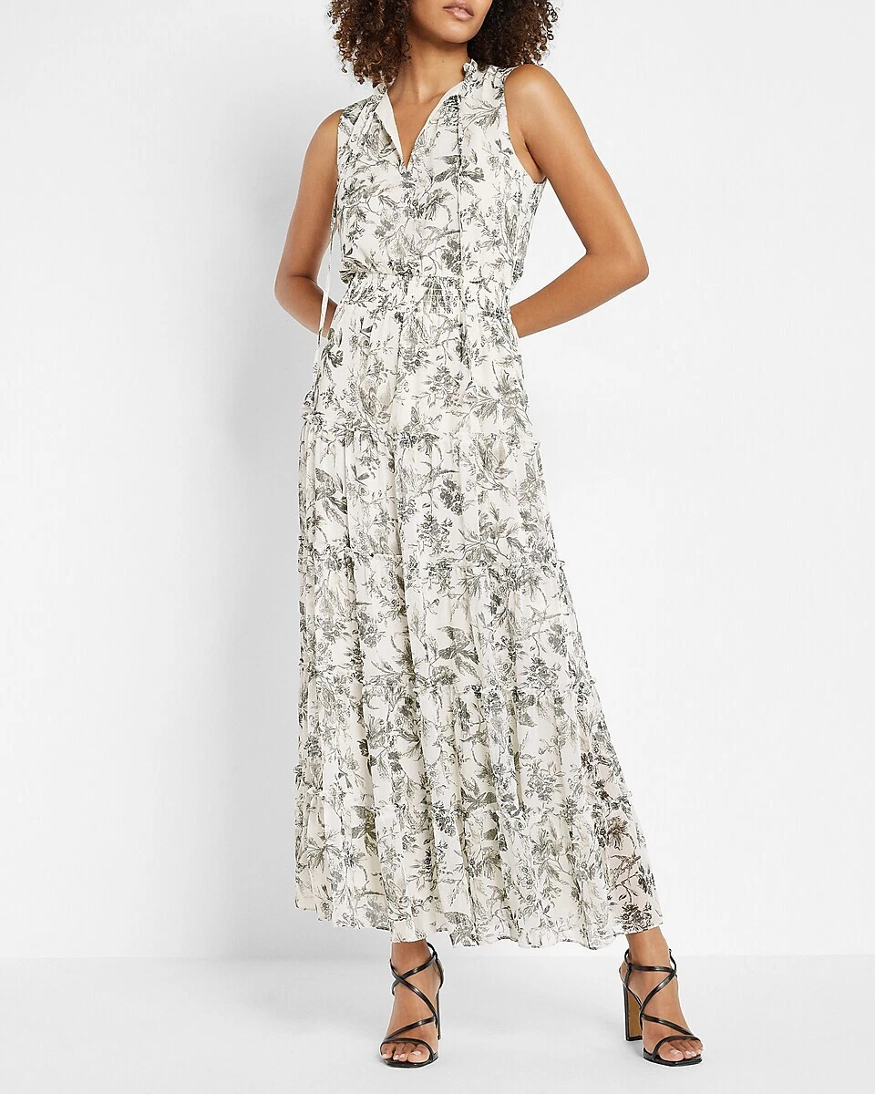 NEW EXPRESS 98 PRINTED CHIFFON TIERED TRAPEZE MAXI DRESS SZ L