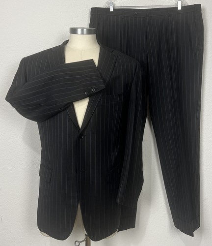 ISAIA Napoli Base “S” Super 140’s Black Blue Gold Pinstripe Suit 52L Pants 46x32 - Picture 4 of 23