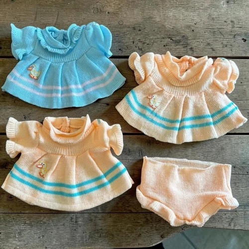 Vintage 3 Cabbage Patch Kid Duck Knit Sweater Dresses 1980s Peach Blue