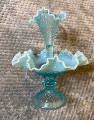 Vintage Fenton Sea Blue Opalescent Diamond Hobnail Epergne Singl Tulip Vase Bowl