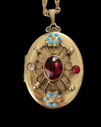 Vtg Miriam Haskell Rhinestone Gold Tone Double Photo Locket Pendant Chain