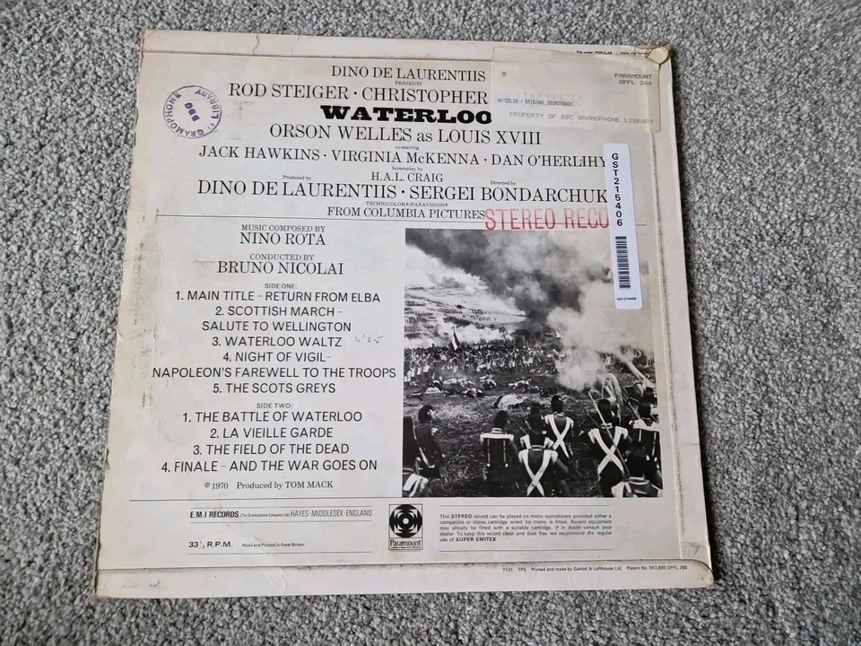 WATERLOO SOUNDTRACK LP - NINO ROTA - PARAMOUNT SPFL 266 - 1970 - Image 2 of 2