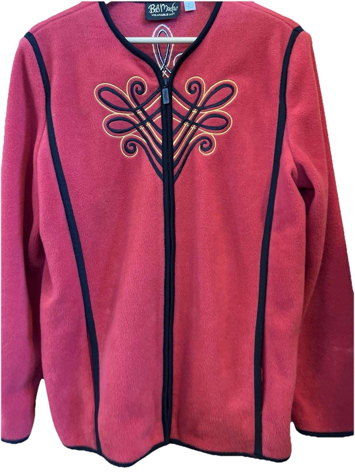Bob Mackie Jacket Womens Large Red/Black Fleece Wearable Art Embroidered Zip Up
