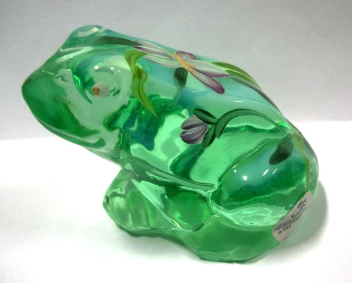Fenton Hand Painted Green Glass Frog Figurine 3” Signed USA   W/ Label