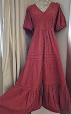 Lucky Brand Cotton Maxi Tiered Boho Dress  Size XL UK 16 Terracotta Short Sleeve