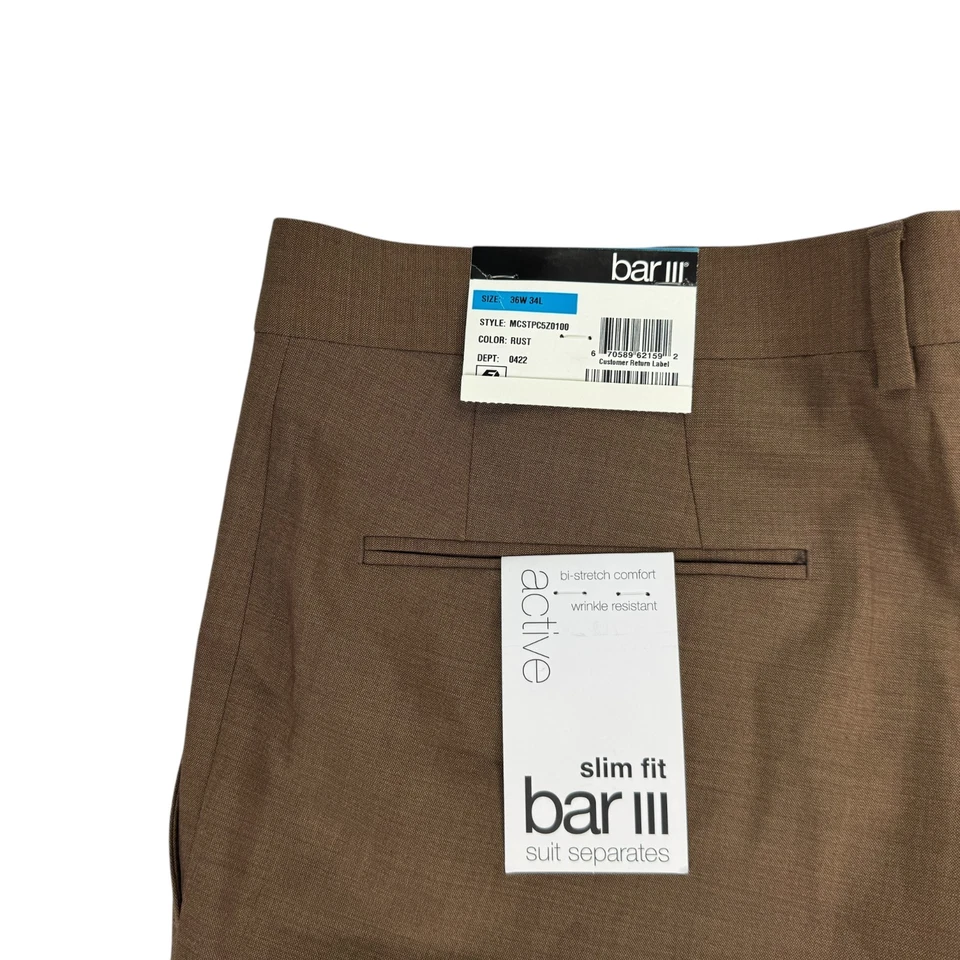 Bar III Hombres Calce Ajustado Mezcla de Lana Activo Elastizado Traje Pantalones Óxido Cobre 36x34 Foto 3 de 4