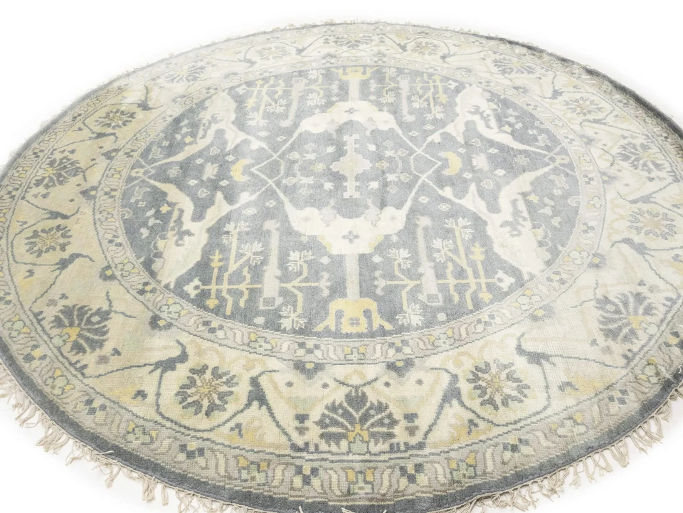 Hand-Knotted Gray Oushak Round Oriental Rug Floral Bedroom Home Decor 9X9 ft - Image 4 of 4