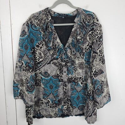 Notations Top Womens 3X Ruffle V Neck Paisley Y2K Grunge Blue Brown Buttons