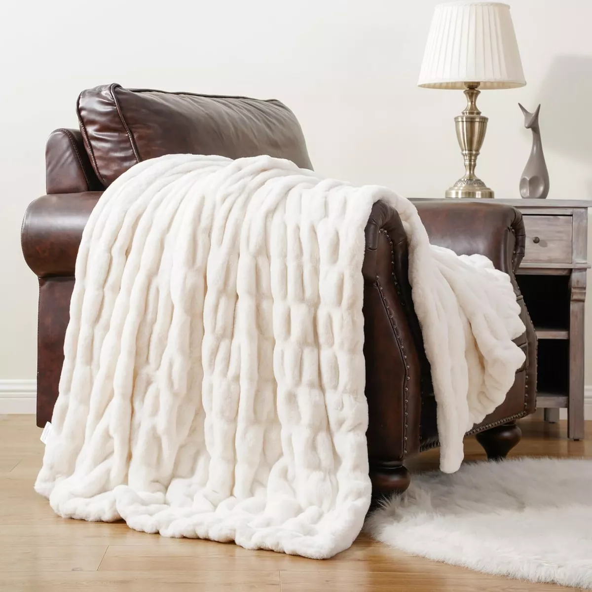 BATTILO HOME Cream Faux Fur Throw Blanket Double Side Ruched