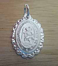 Large 25x17mm Fancy Bright Sterling Silver Oval Saint St Christopher Medal Charm