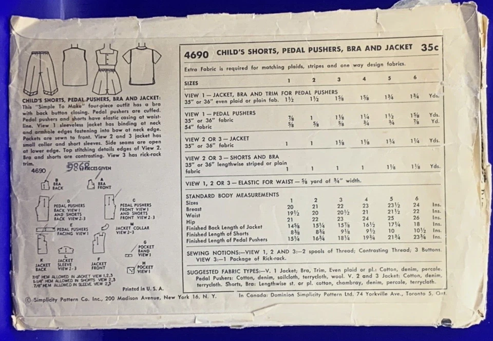 Girls Shorts Pedal Pushers Top Simplicity Sewing Pattern 4690 Size 5 VTG 1954 - Image 2 of 2