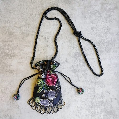 Vintage Seed Bead Pouch Purse Beaded Rose Floral Whimsigoth Witchy Drawstring - Picture 11 of 11