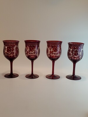 Antique Egermann Crystal 7 5/8''×3 3/16'' Ruby Cut to Clear Wine Goblets Set/4 EUC