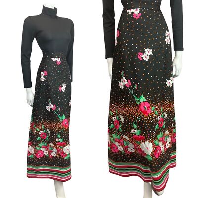 VINTAGE 60er 70er SCHWARZ PINK ORANGE BLUMEN GEPUNKTET FOLK MOD MAXIROCK 8 10