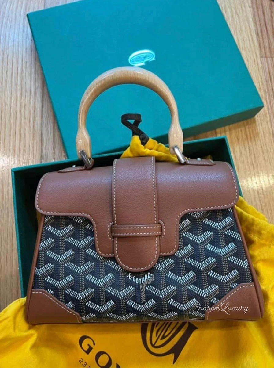 AUTHENTIC🤎 Goyard Saigon Wood Top Handle Mini Brown🤎 Leather Crossbody Bag