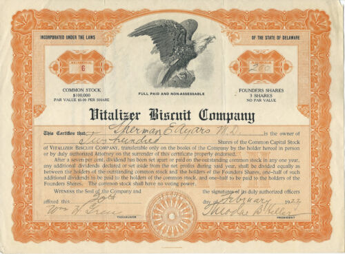 DELAWARE 1923 Vitalizer Biscuit Company Stock Certificate #6 - Picture 1 of 2