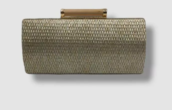 150 Neiman Marcus Women s Gold Woven Hard Handbag Box Clutch