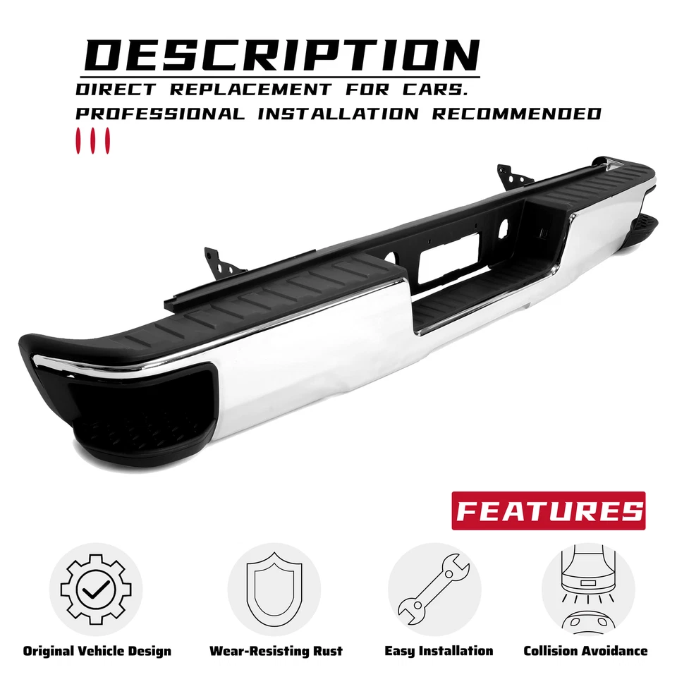 Chrome Rear Step Bumper Assembly For Chevy Silverado GMC Sierra 1500 2014-2018 - Image 3 of 4