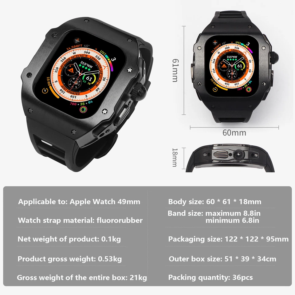 Kit de caja de acero inoxidable mod para Apple Watch Ultra3 49 mm 9 8 7 6 5 4 banda de goma Foto 3 de 4