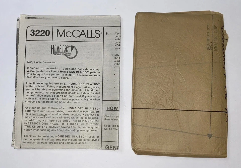 3220 UNCUT ‘McCalls’ SEWING Pattern - ‘Window Treatments’ Home Decor In-a-sec - Image 3 of 3