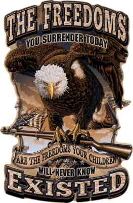 THE FREEDOMS YOU SURRENDER TODAY EMBOSSED ALUMINUM PARKING SIGN