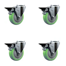 4 Inch Green Poly Wheel Swivel Bolt Hole Caster Set with Posi Lock Brakes SCC