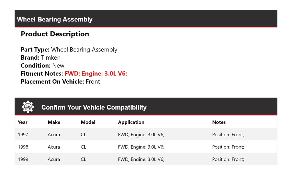 Conjunto de cojinete de rueda delantero Timken 1998 para Acura CL 1997-1999 3,0 L V6 FWD Foto 2 de 4
