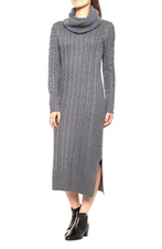 Tahari Women Size L Sweater Dress Storm Gray Cable Knit Cowl Neck Midi Sheath T3