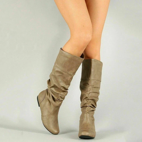 Women Mid Calf Slouch Boots Winter Wide Leg Stretch Flat Riding Comfy Shoes Size - Picture 8 of 19