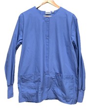 LANDAU 7525 Women's L Ceil Blue Scrub Lab Jacket Snap Front Pockets Nursing EUC
