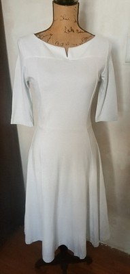 Mary Crafts White Sheath Dress Sz 4 New No Tags 3/4 Sleeve Split Neck Back Zip