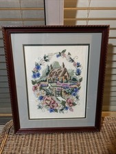 Handmade Cross Stitch Gated Home Surrounded By Flowers 20x17in. Framed Vintage