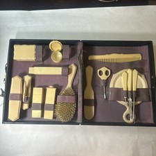 1920's Leather and Satin Case French Ivory Celluloid Manicure Set 15 Piece