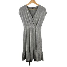 Caution To the Wind Faux Wrap Dress NWT Medium Grey & White Striped Ruffle Hem