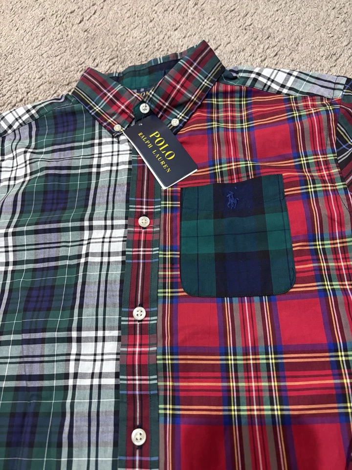 Ralph Lauren Youth XL 18 20 多色拼布格子纽扣衬衫 — 第 2/4 张图片