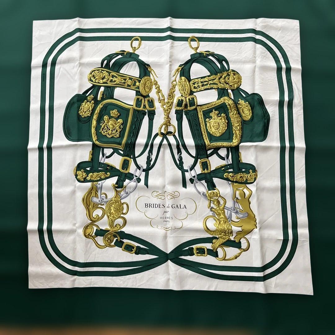 Hermes 90x90cm Silk Scarf Carre 90 Ceremony Bridle Green Japanese Import