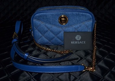 Versace Medusa Denim Chain Schultertasche Crossbody Blau Gold mit...