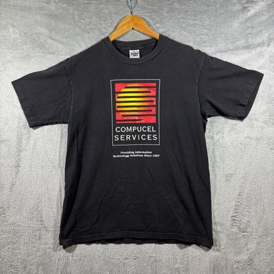 Vintage 90s Compucel Services Tech Shirt Men L Black Graphic Computer Y2k Faded