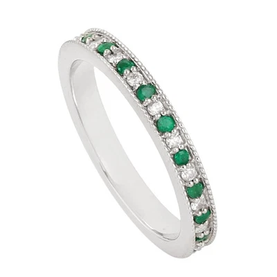 14k White Gold Diamond Emerald Band Ring For Women Handmade Jewelry - Image 1 of 4