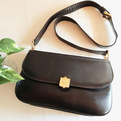 CELINE Vintage Horse Carriage Shoulder Bag Dark Brown Leather Gold HW Italy Auth