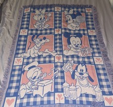 VTG Disney Baby Blanket Woven Knit Mickey Mouse Minnie Donald Duck Pluto.