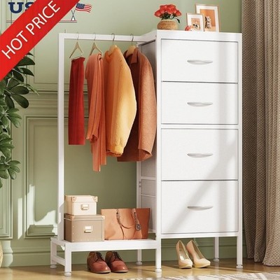 2-in-1 Tall Dresser Clothes Rack 4 Drawer Storage Anti-Tip Small Space New