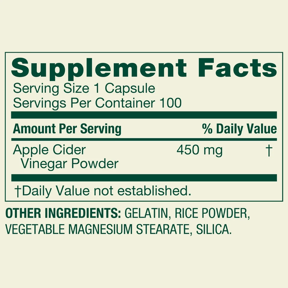 Spring Valley Apple Cider Vinegar Dietary Supplement Capsules, 450 mg, 100 Count - Image 2 of 3
