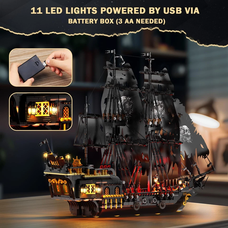 JMBricklayer Pirate Ship Building Toys with Lights, Pearl Pirate Ship Model B... - Image 3 of 4