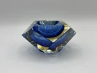 Vintage Murano Glass Blue Amber Sommerso Facted Diamond Ashtray