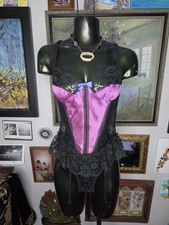 Vintage Purple Pink Lingerie Bodysuit Teddy Black Sheer Lace Coquette Small